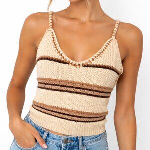 Pink Lily Crochet Knit Tank Top Womens Medium Cream Brown Striped Boho 61908